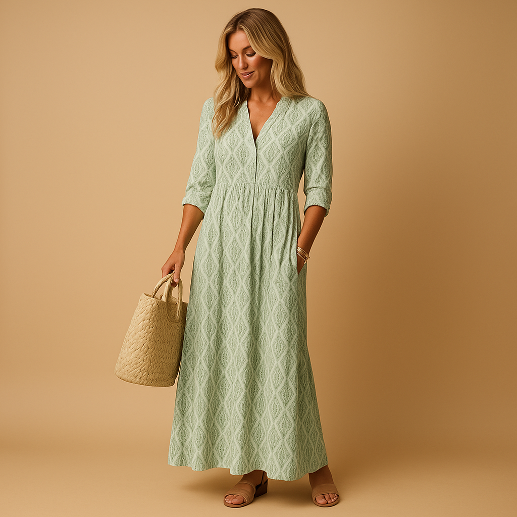 Light summer knee-length dress for women with breathable fabric and elegant fit, perfect for warm days and casual chic occasions.