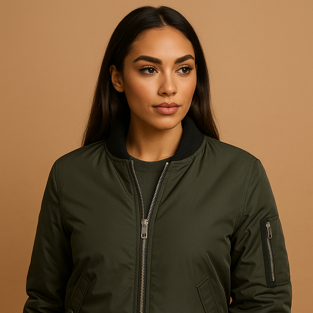 Lightweight bomber jacket for women with zip closure and side pockets, perfect for cool summer days and casual chic looks.