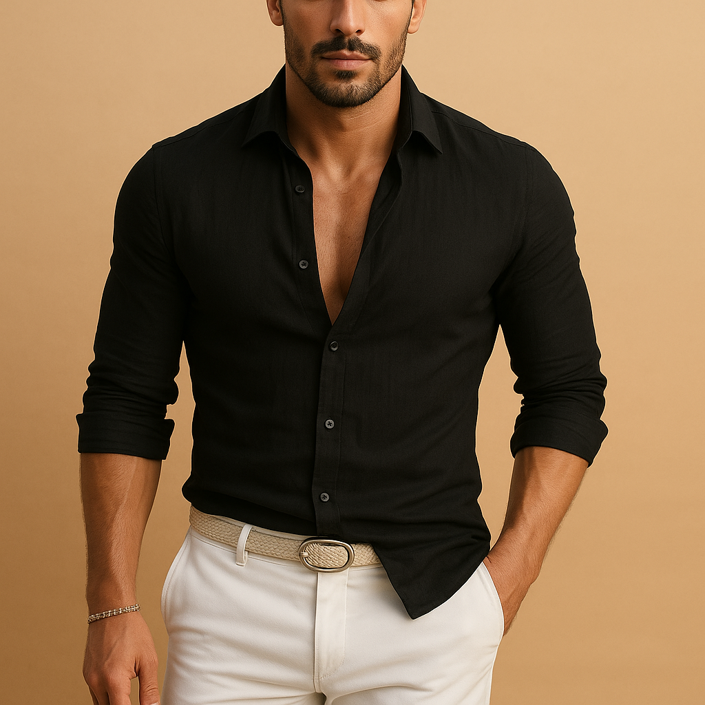 Men’s lightweight button-down shirt with classic collar and cuffs, breathable fit, available in various colors. Perfect for work, leisure, and summer wear.