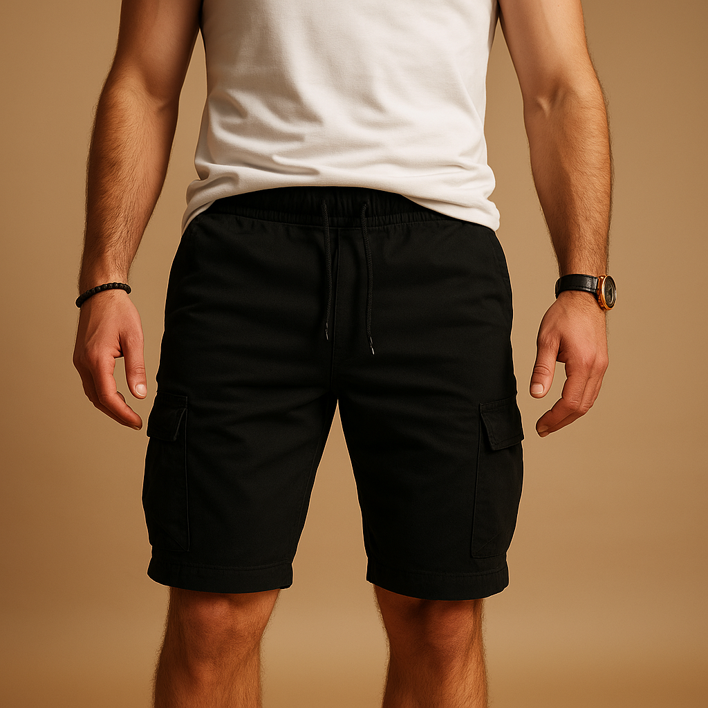 Men’s lightweight cargo shorts with elastic waistband, relaxed fit, and multiple pockets, breathable design perfect for summer and outdoor use.