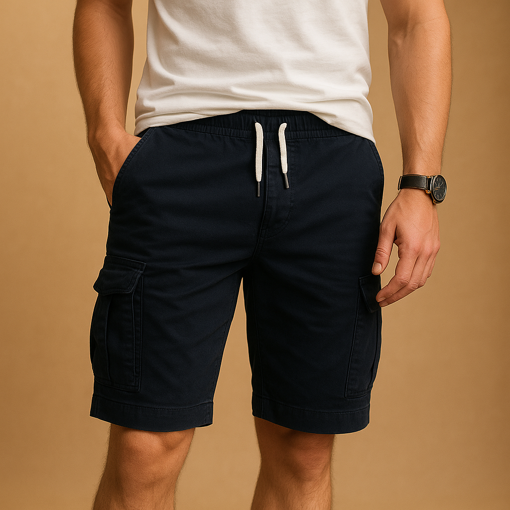 Men’s lightweight cargo shorts with elastic waistband, relaxed fit, and multiple pockets, breathable design perfect for summer and outdoor use.