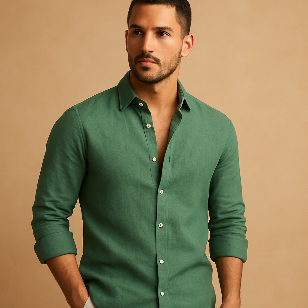Men’s lightweight casual shirt with breathable fabric and relaxed fit, available in green, white, blue, black, and pink. Perfect for summer outfits.