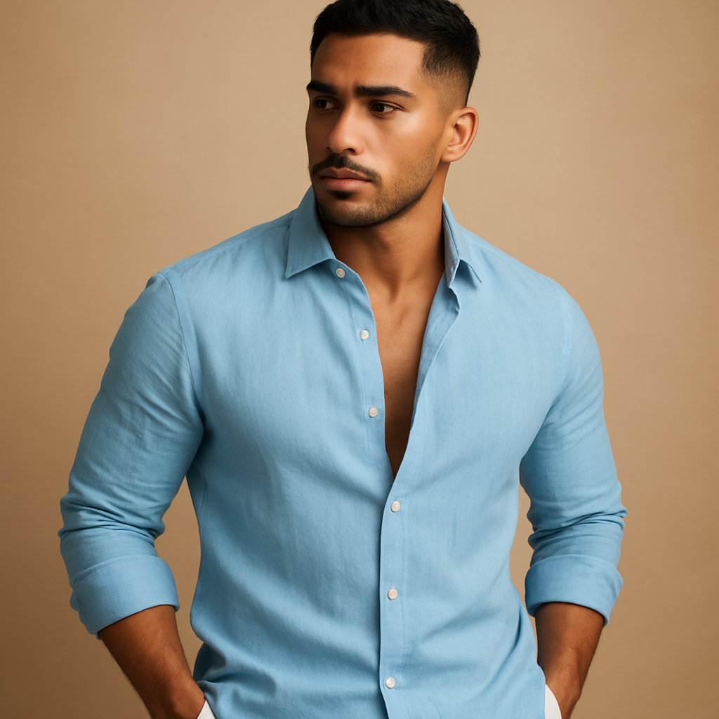 Men’s lightweight casual shirt with breathable fabric and relaxed fit, available in green, white, blue, black, and pink. Perfect for summer outfits.