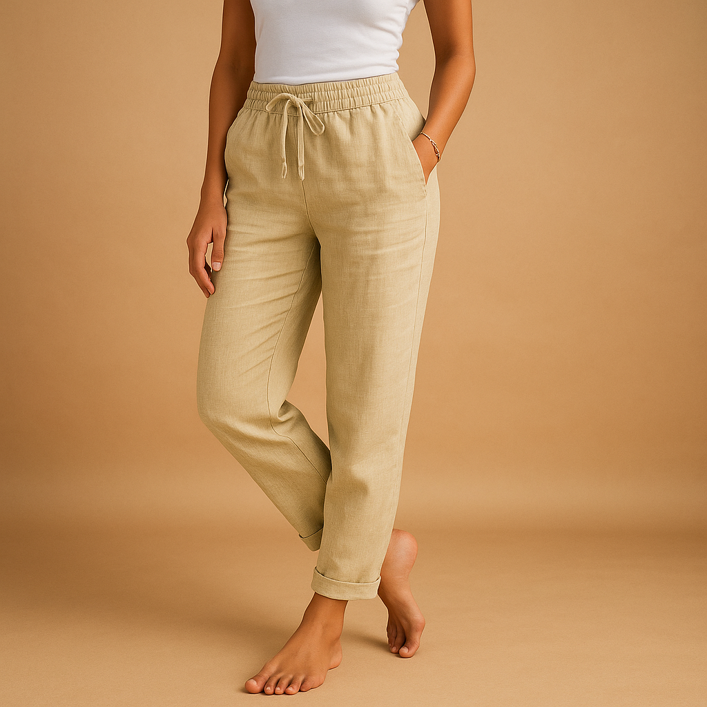 Women’s lightweight elegant pants with elastic waistband, feminine cut, and flowing fabric. Perfect for casual outfits and formal occasions.