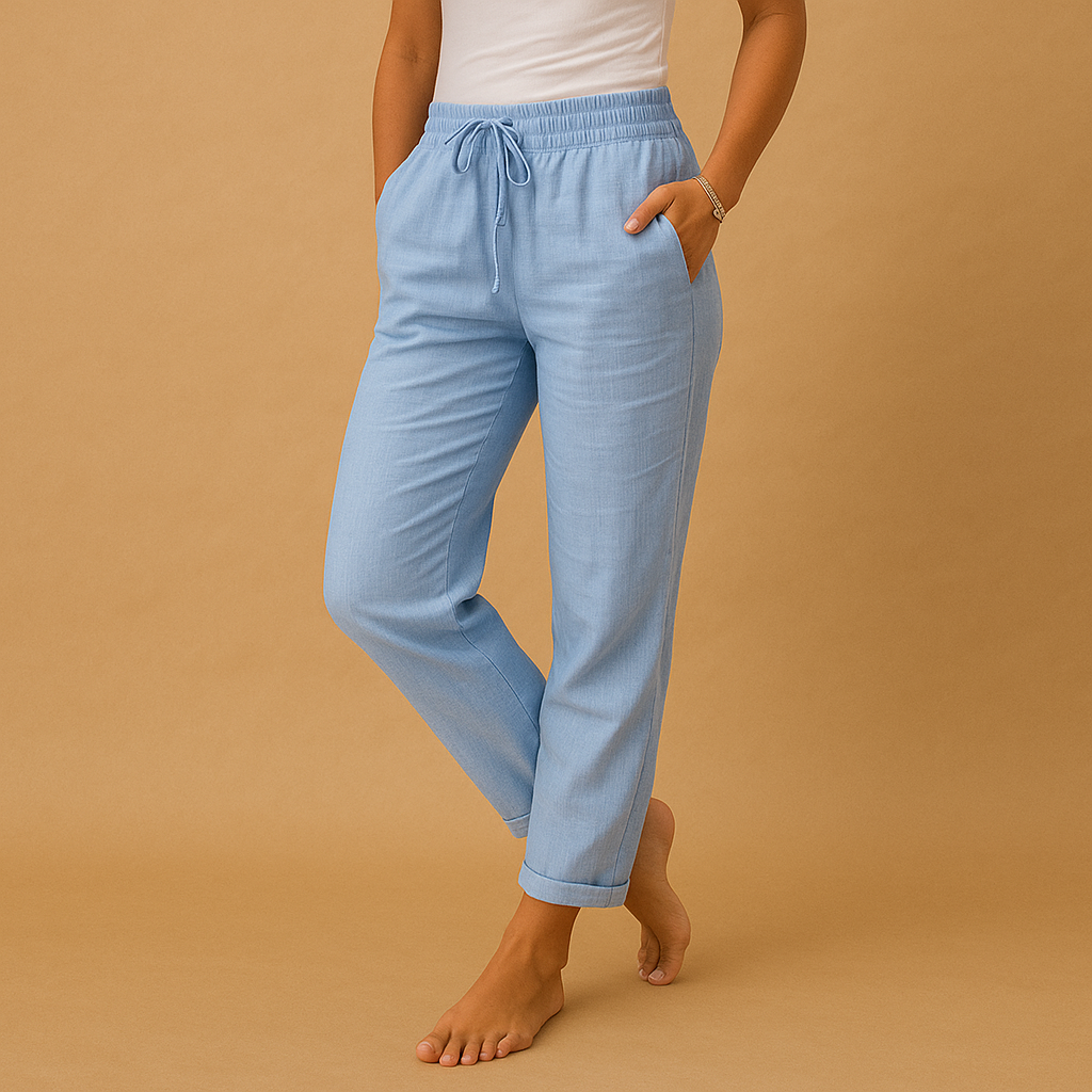 Women’s lightweight elegant pants with elastic waistband, feminine cut, and flowing fabric. Perfect for casual outfits and formal occasions.