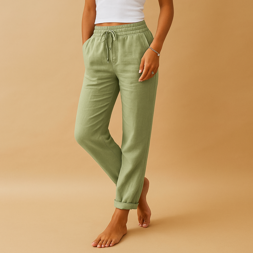 Women’s lightweight elegant pants with elastic waistband, feminine cut, and flowing fabric. Perfect for casual outfits and formal occasions.