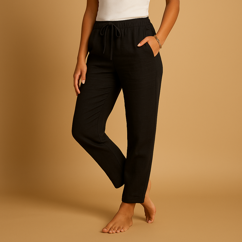 Women’s lightweight elegant pants with elastic waistband, feminine cut, and flowing fabric. Perfect for casual outfits and formal occasions.
