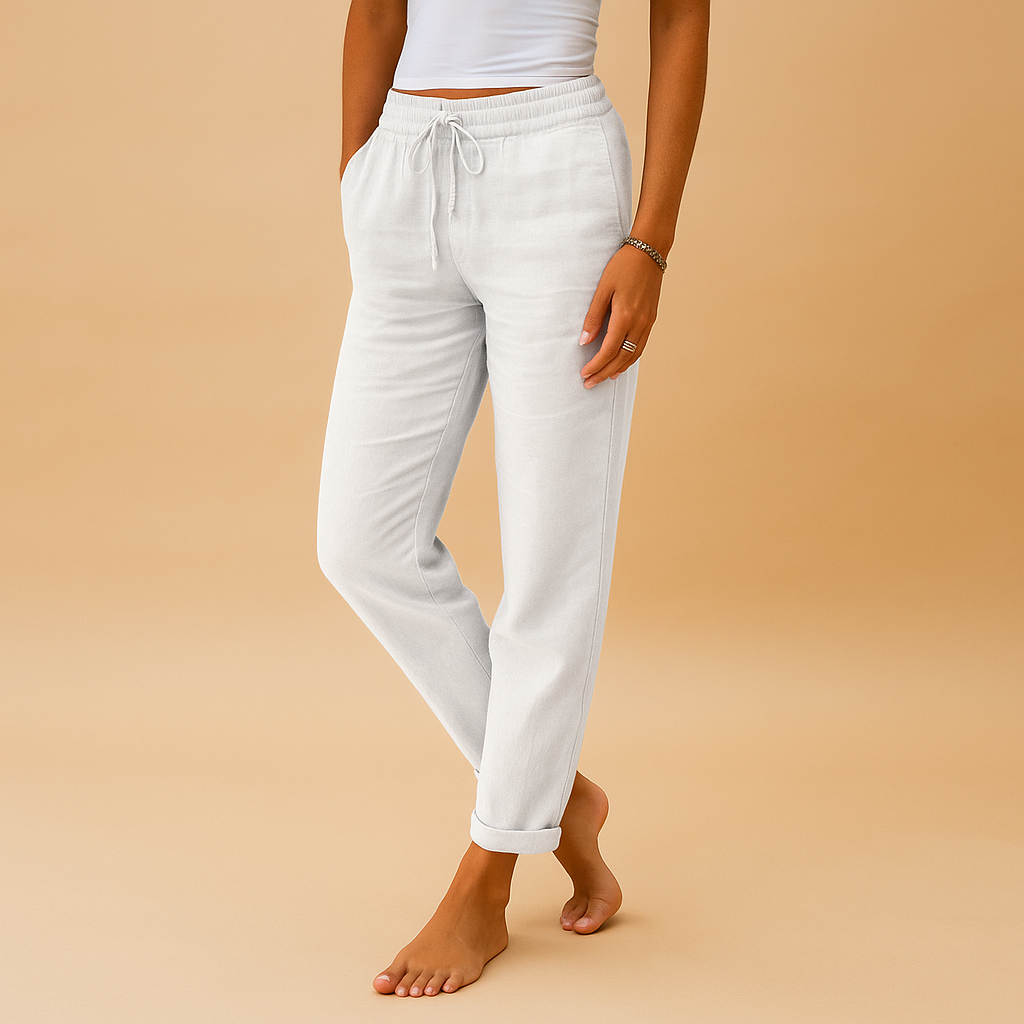 Women’s lightweight elegant pants with elastic waistband, feminine cut, and flowing fabric. Perfect for casual outfits and formal occasions.