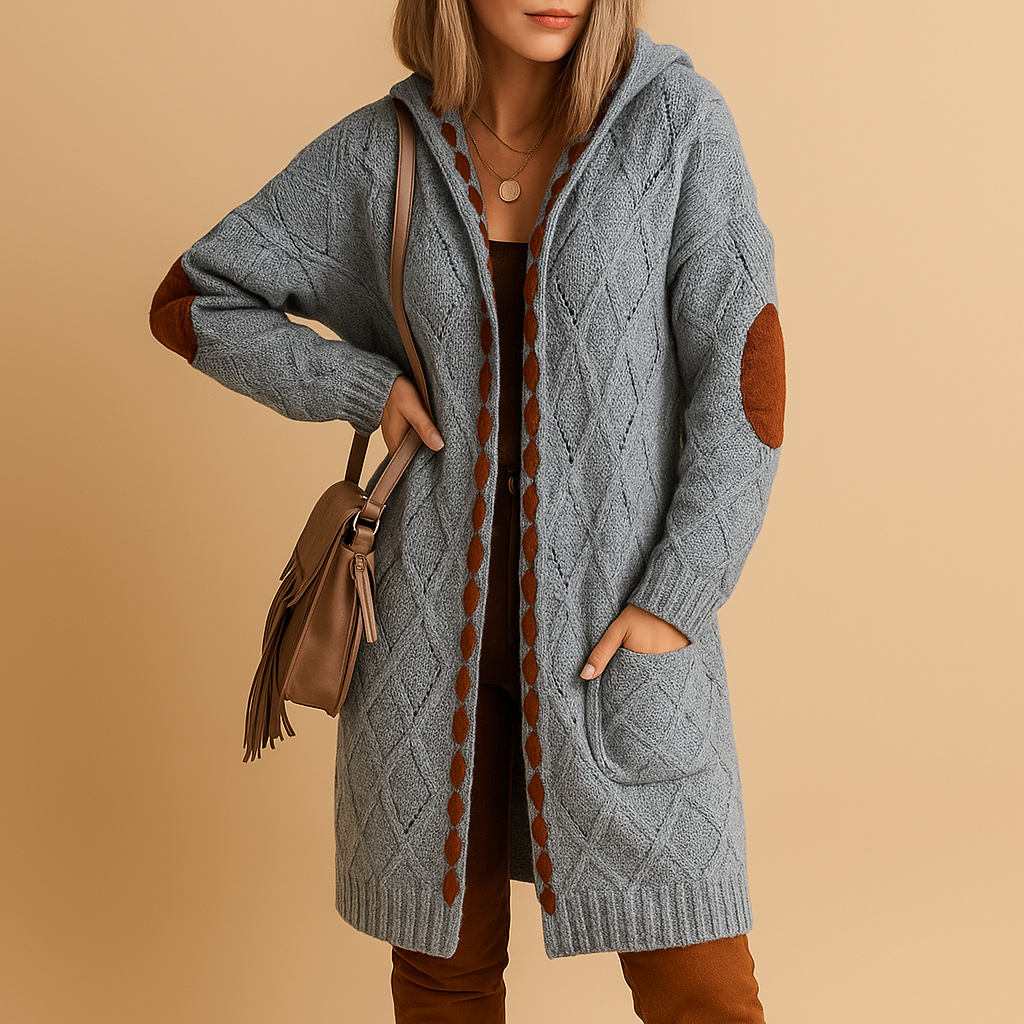 Lightweight knit hoodie cardigan for women with breathable fabric, long sleeves, and functional hood. Perfect for layering in casual or semi-formal outfits.