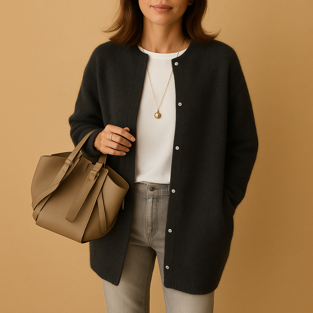 Lightweight knitted cardigan for women with relaxed fit, hip-length cut, button closure, and long sleeves, ideal for layering in any season.