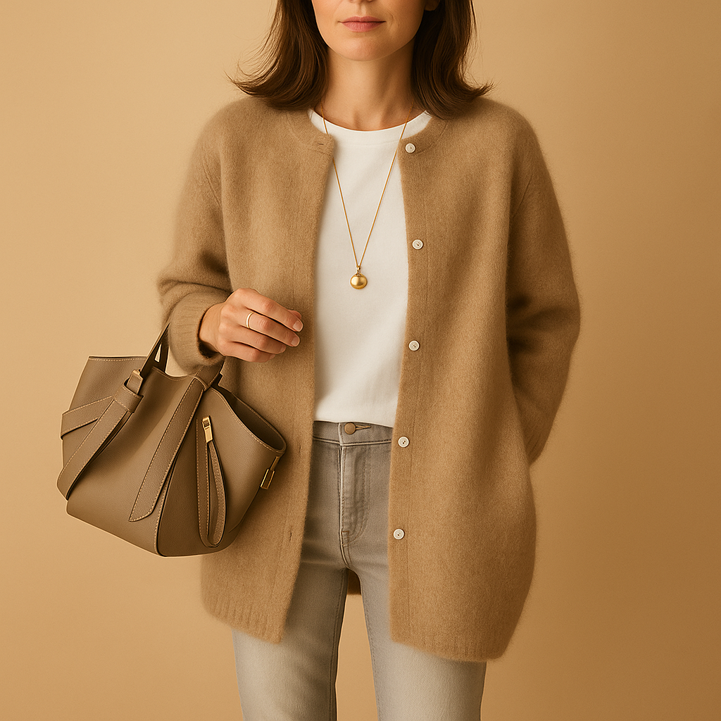 Lightweight knitted cardigan for women with relaxed fit, hip-length cut, button closure, and long sleeves, ideal for layering in any season.