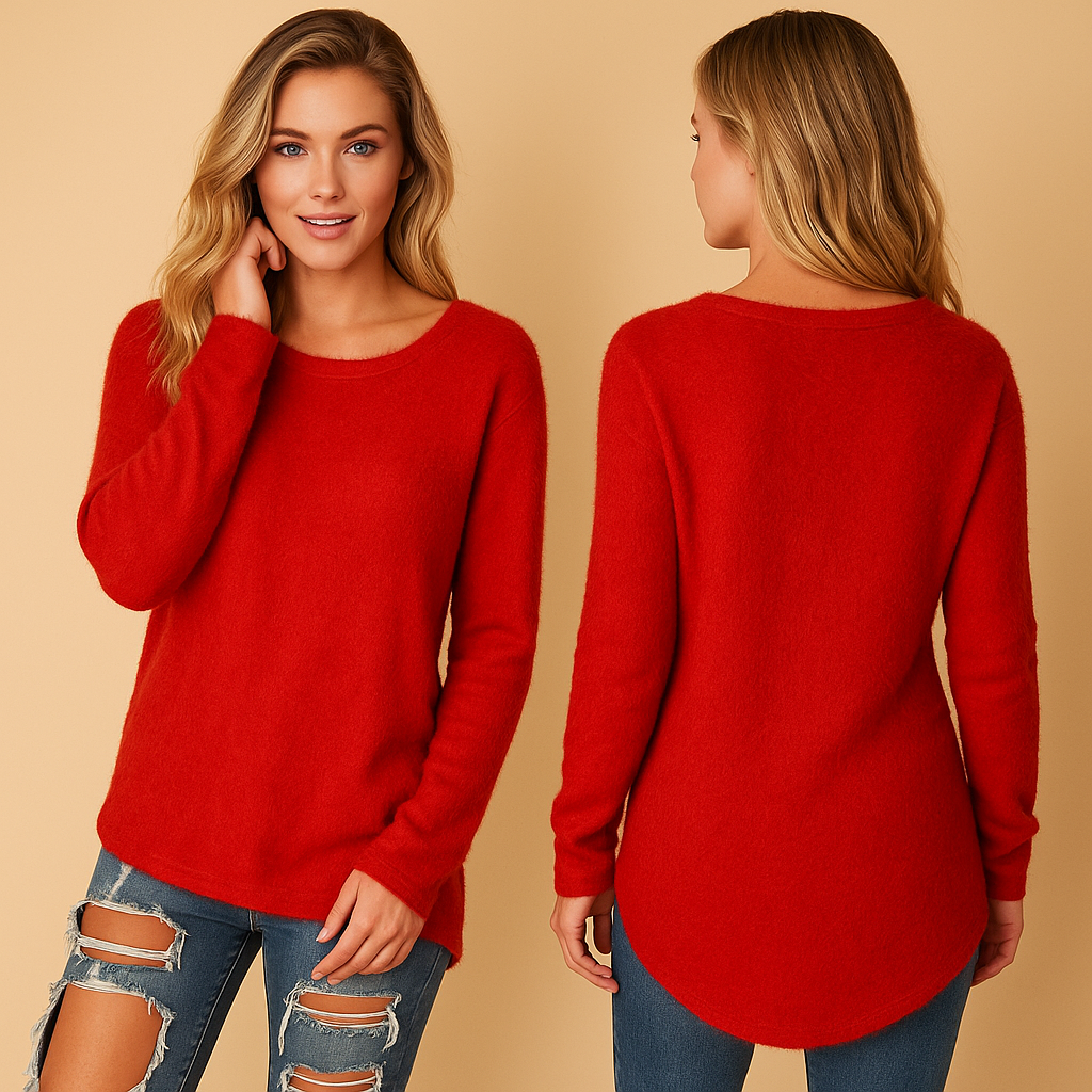 Women’s lightweight knitted sweater with round neck in breathable cotton blend, relaxed fit, and long sleeves, perfect for spring, summer, and autumn wear.