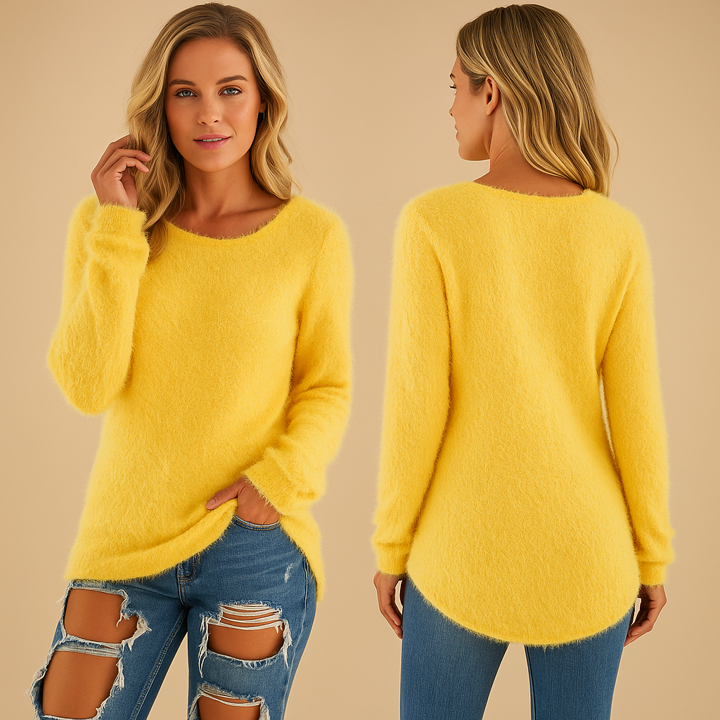 Women’s lightweight knitted sweater with round neck in breathable cotton blend, relaxed fit, and long sleeves, perfect for spring, summer, and autumn wear.