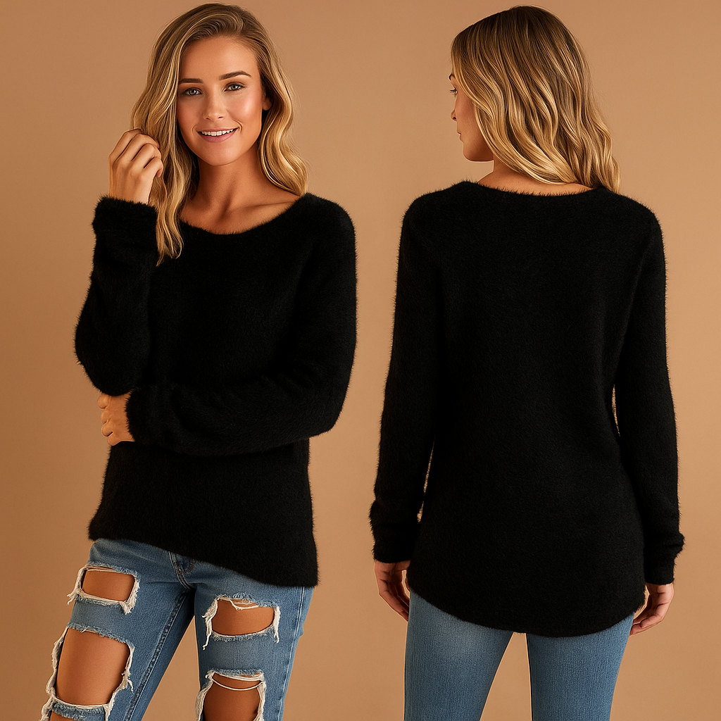 Women’s lightweight knitted sweater with round neck in breathable cotton blend, relaxed fit, and long sleeves, perfect for spring, summer, and autumn wear.