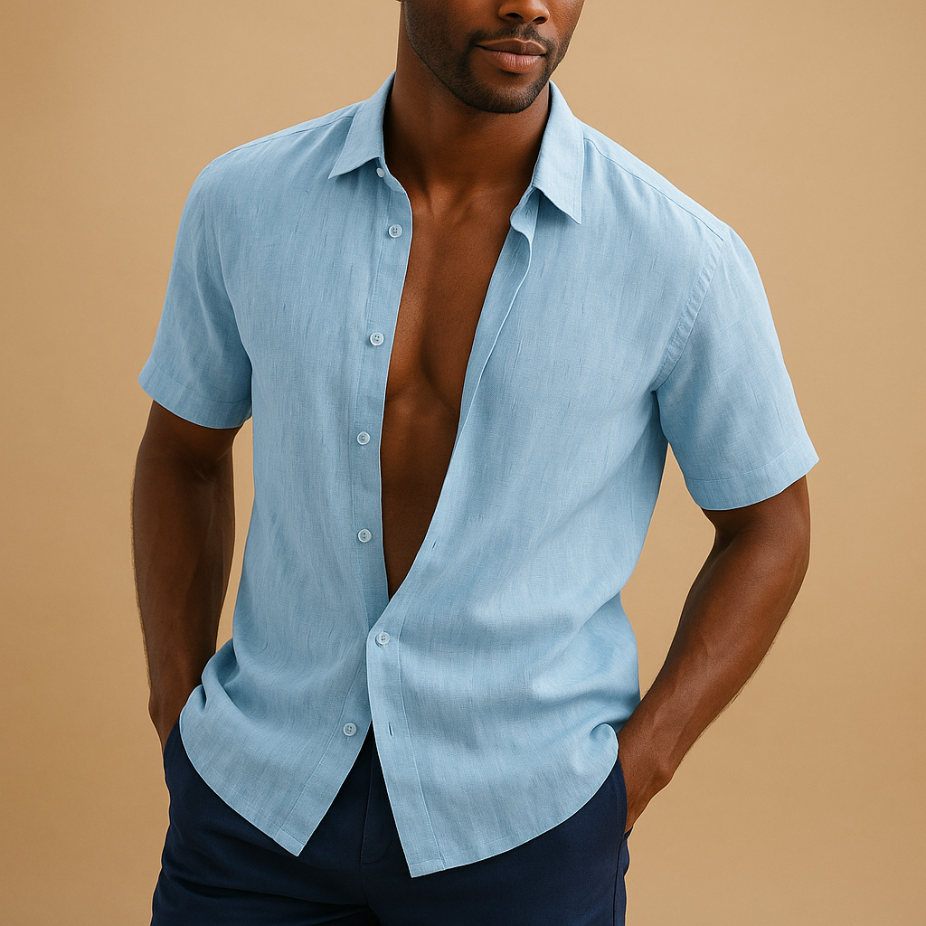 Men’s lightweight linen shirt with breathable, moisture-wicking fabric. Available in Black, Khaki, Pink, Sky Blue, and White. Perfect for casual and business wear.