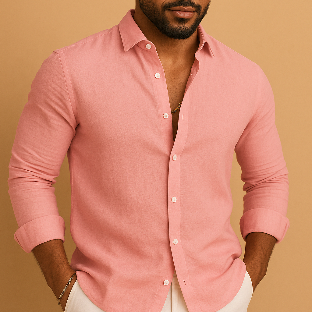 Men’s lightweight linen shirt with breathable, moisture-wicking fabric. Available in Black, Khaki, Pink, Sky Blue, and White. Perfect for casual and business wear.