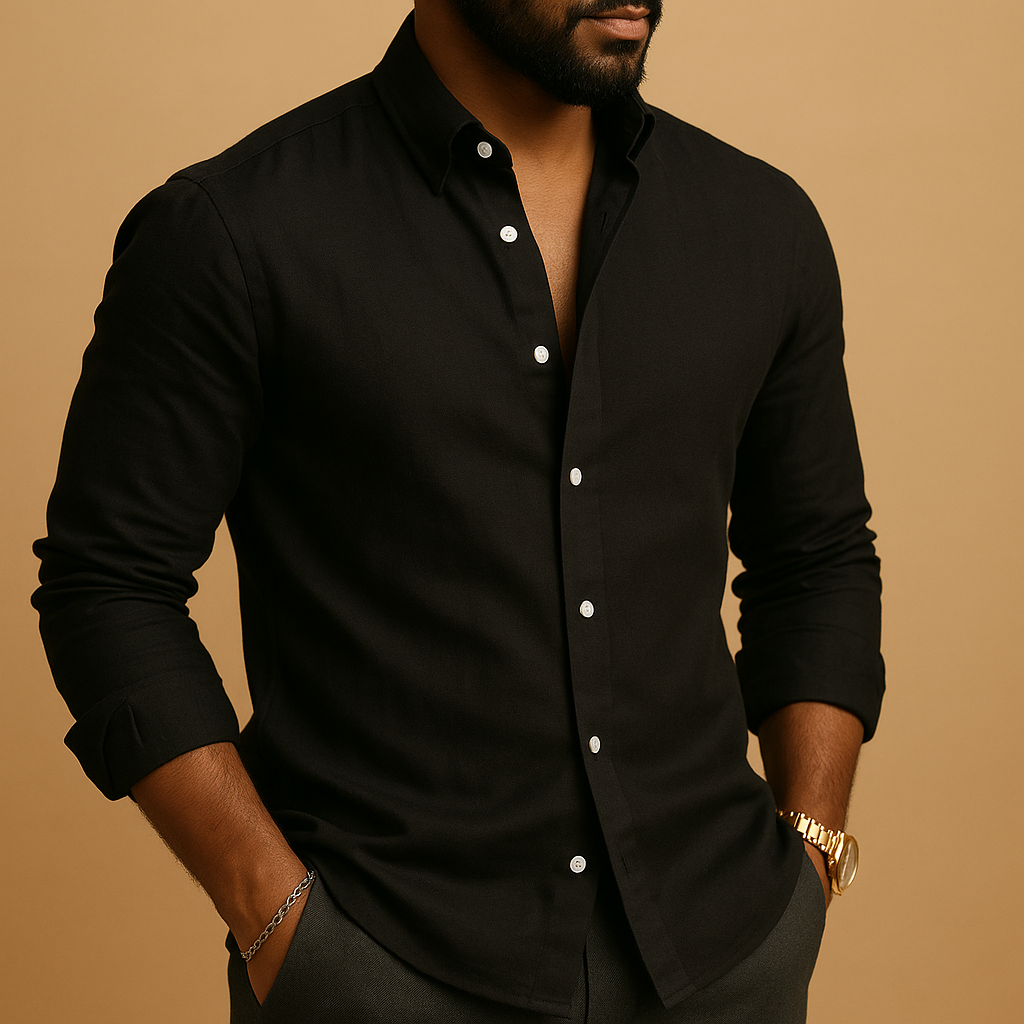 Men’s lightweight linen shirt with breathable, moisture-wicking fabric. Available in Black, Khaki, Pink, Sky Blue, and White. Perfect for casual and business wear.