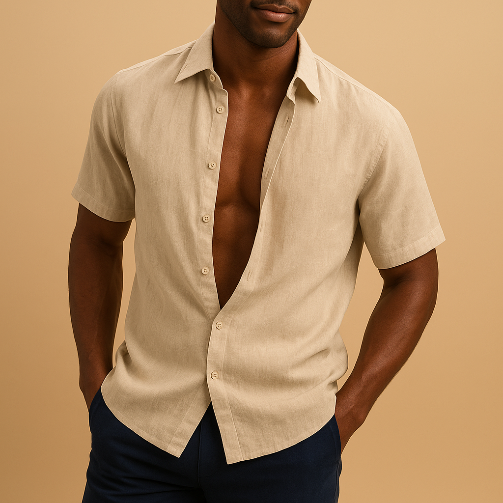 Men’s lightweight linen shirt with breathable, moisture-wicking fabric. Available in Black, Khaki, Pink, Sky Blue, and White. Perfect for casual and business wear.