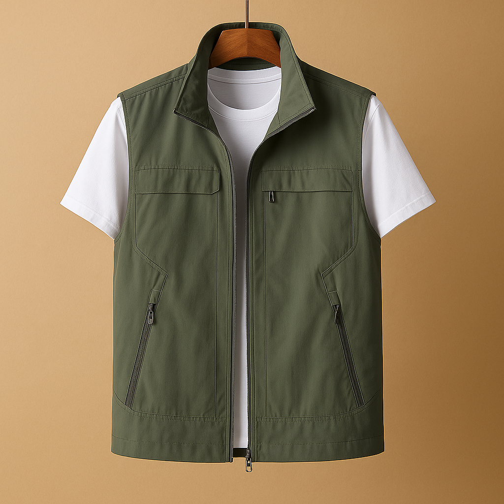 Men’s lightweight outdoor cardigan with breathable mesh fabric, short sleeves, and practical pockets, perfect for hiking, fishing, and camping.