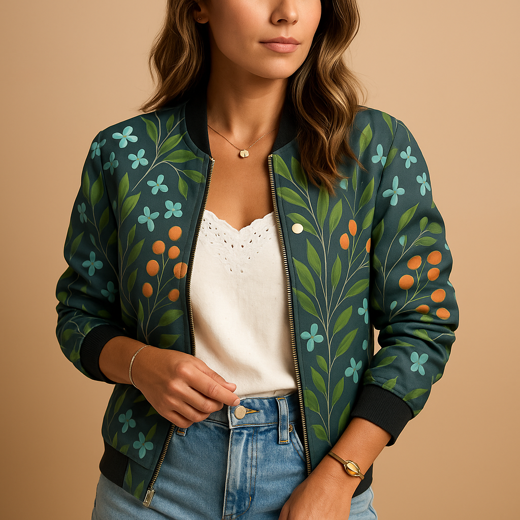 Lightweight printed summer jacket for women with breathable fabric, relaxed fit, and modern design. Perfect for warm days, travel, and casual layering.