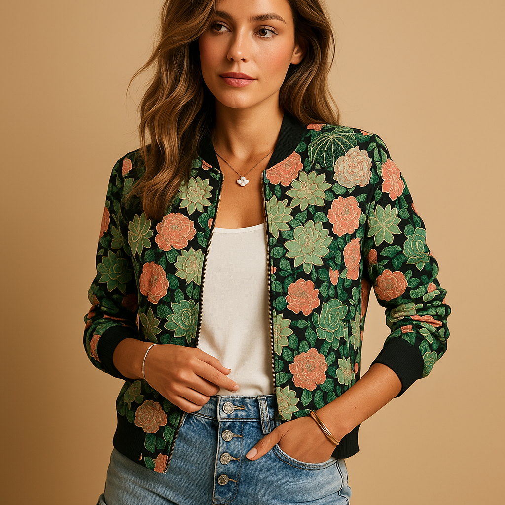 Lightweight printed summer jacket for women with breathable fabric, relaxed fit, and modern design. Perfect for warm days, travel, and casual layering.