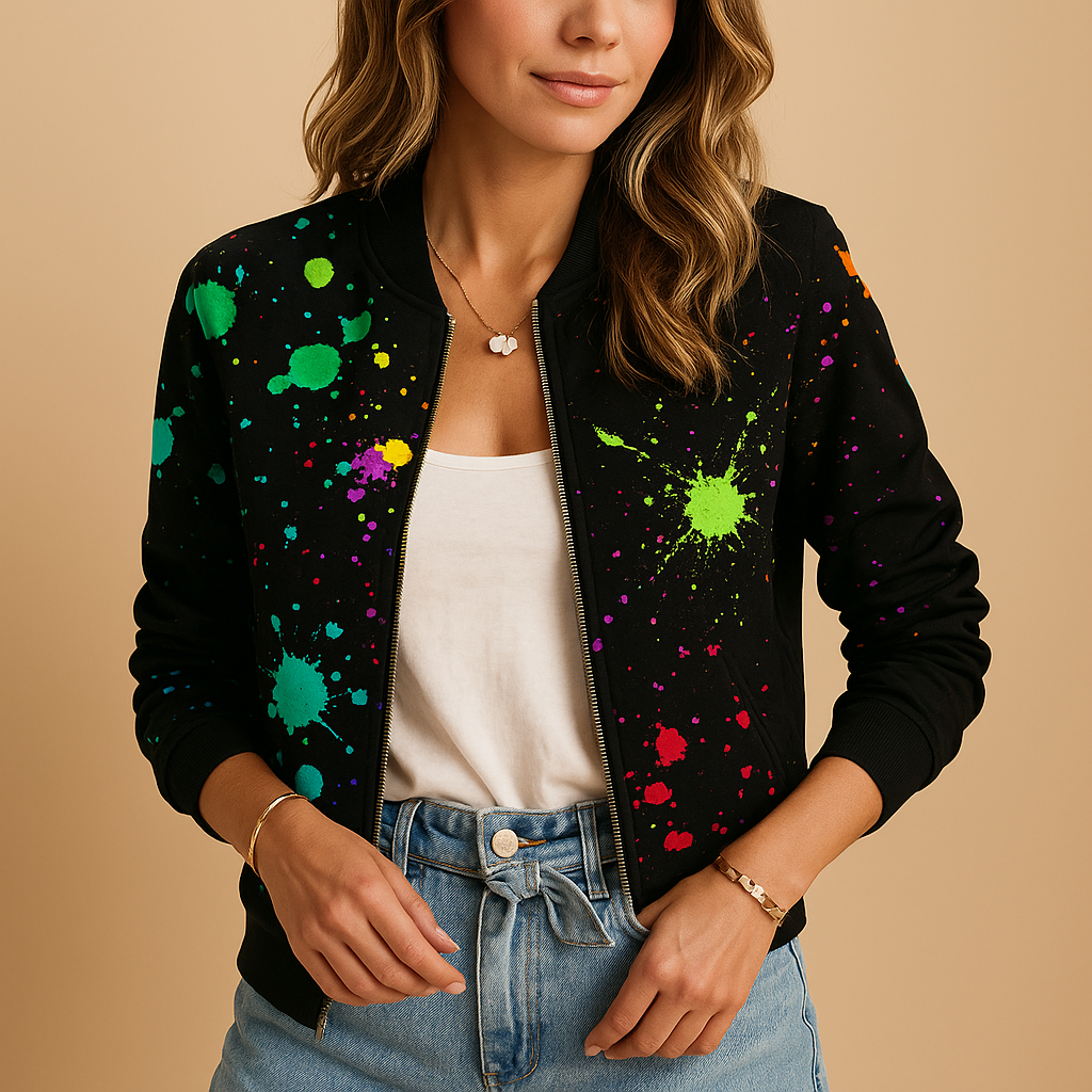 Lightweight printed summer jacket for women with breathable fabric, relaxed fit, and modern design. Perfect for warm days, travel, and casual layering.