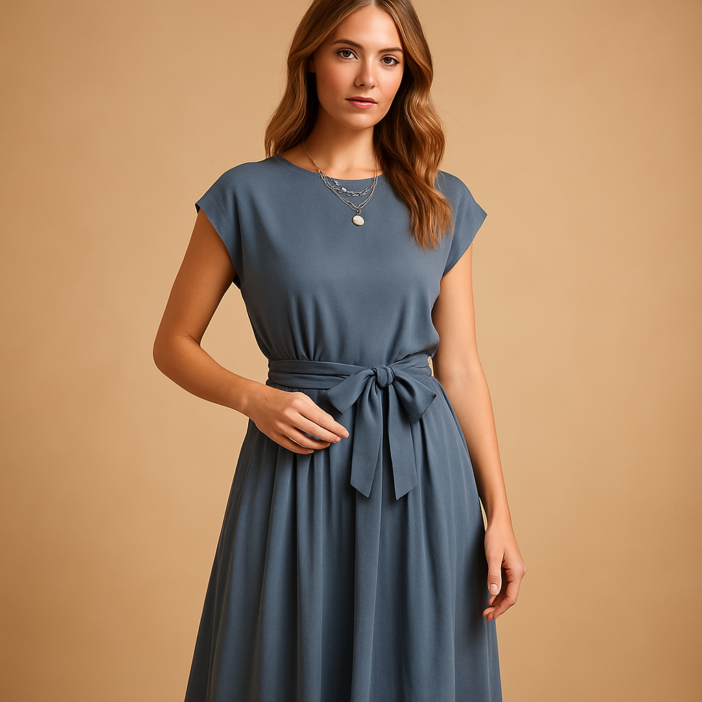 Women’s summer dress with fitted waist and elegant cut, available in midi or maxi length, perfect for holidays, parties, and weddings.