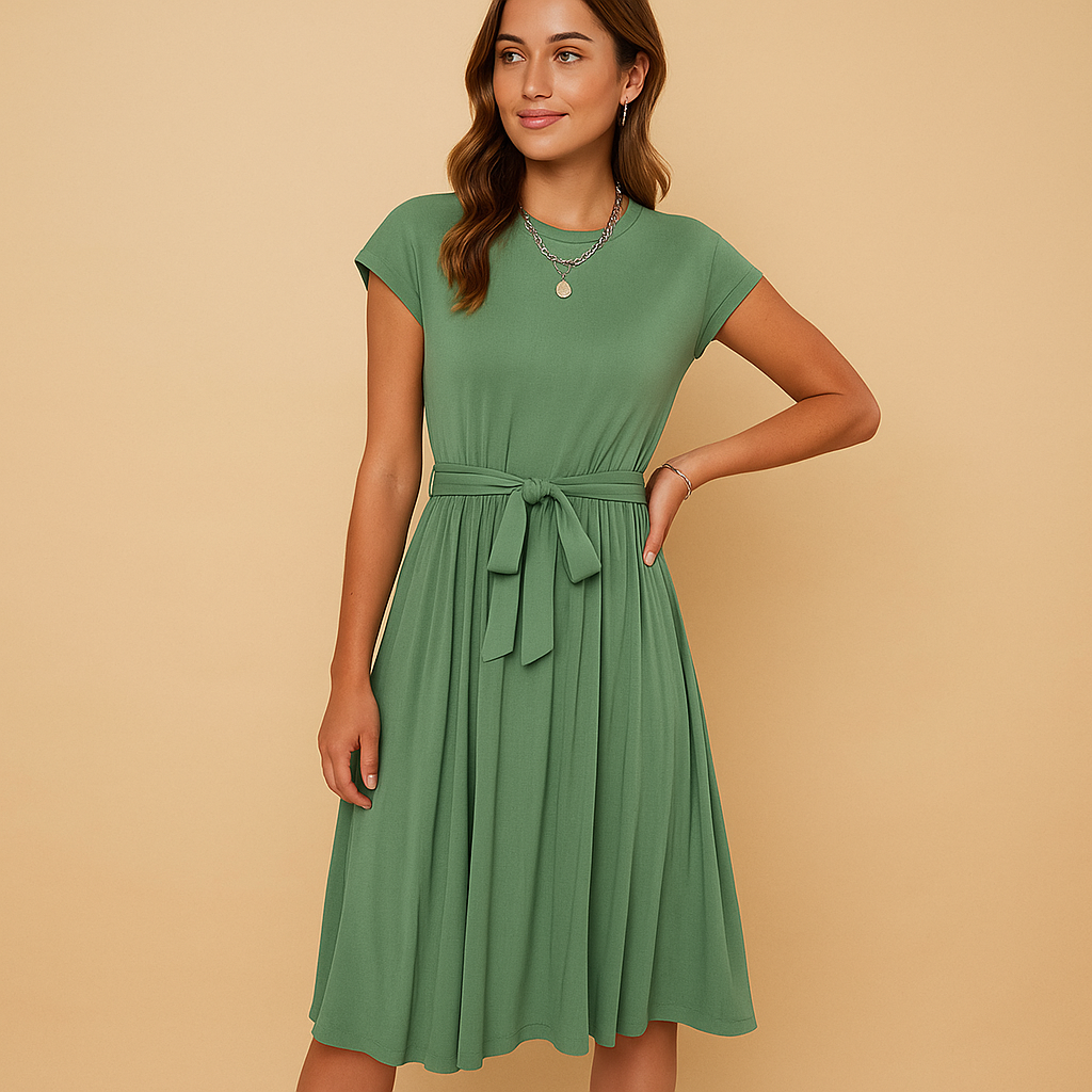 Women’s summer dress with fitted waist and elegant cut, available in midi or maxi length, perfect for holidays, parties, and weddings.