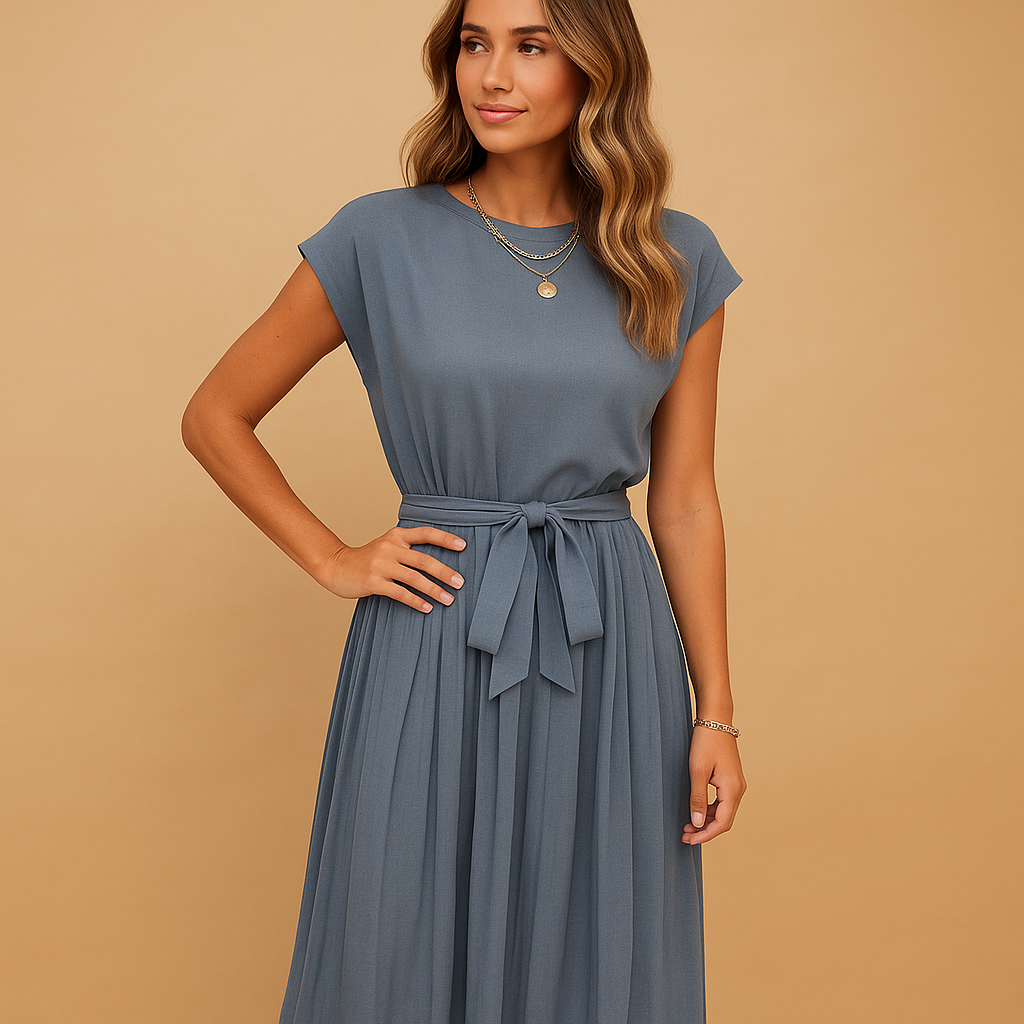 Women’s summer dress with fitted waist and elegant cut, available in midi or maxi length, perfect for holidays, parties, and weddings.