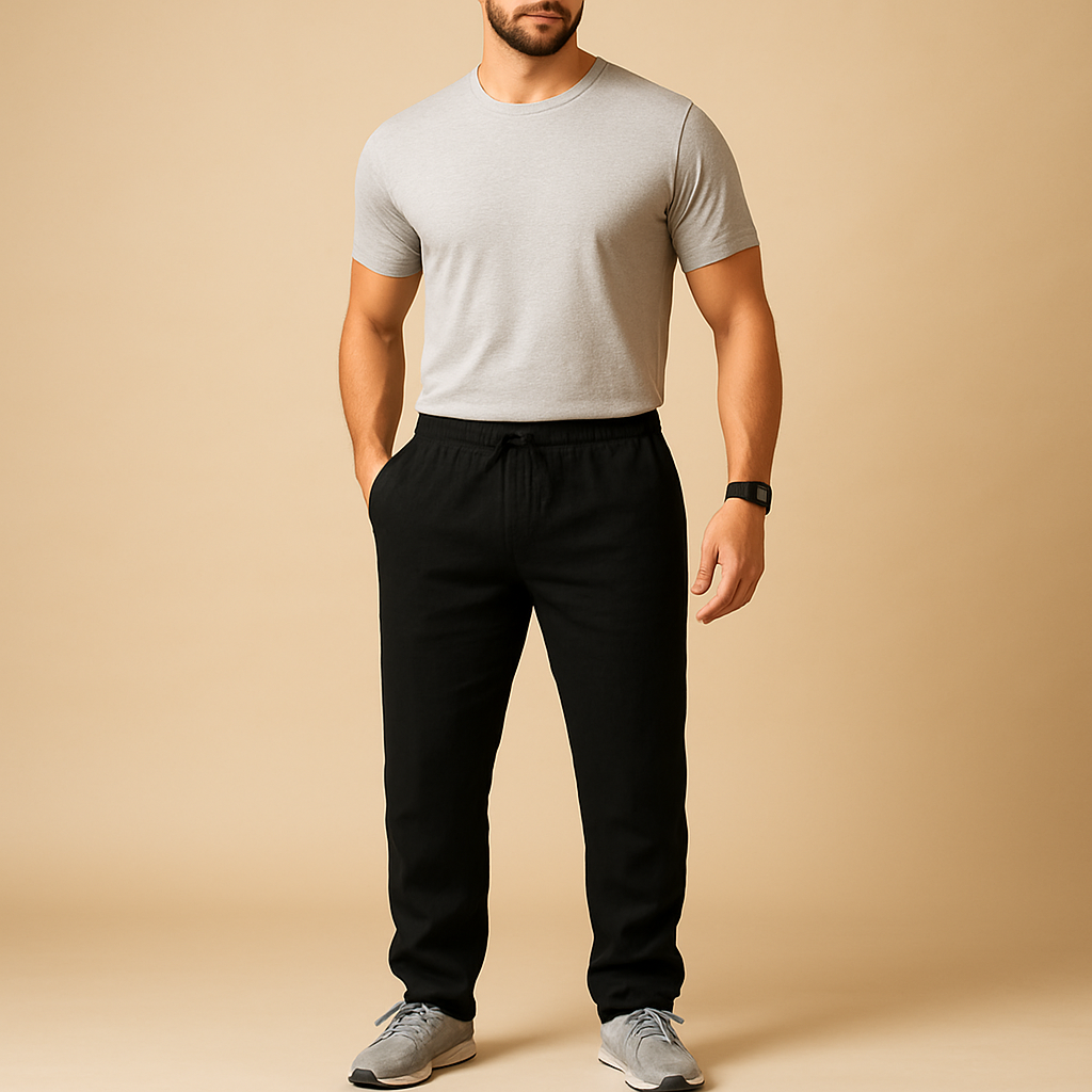 Men’s lightweight summer pants Elliot in breathable fabric with relaxed fit, available in neutral tones like beige and sand. Perfect for warm days.