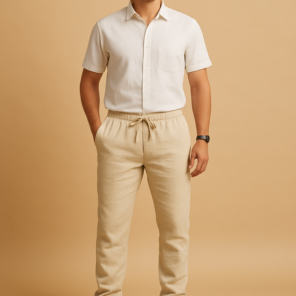 Men’s lightweight summer pants Elliot in breathable fabric with relaxed fit, available in neutral tones like beige and sand. Perfect for warm days.