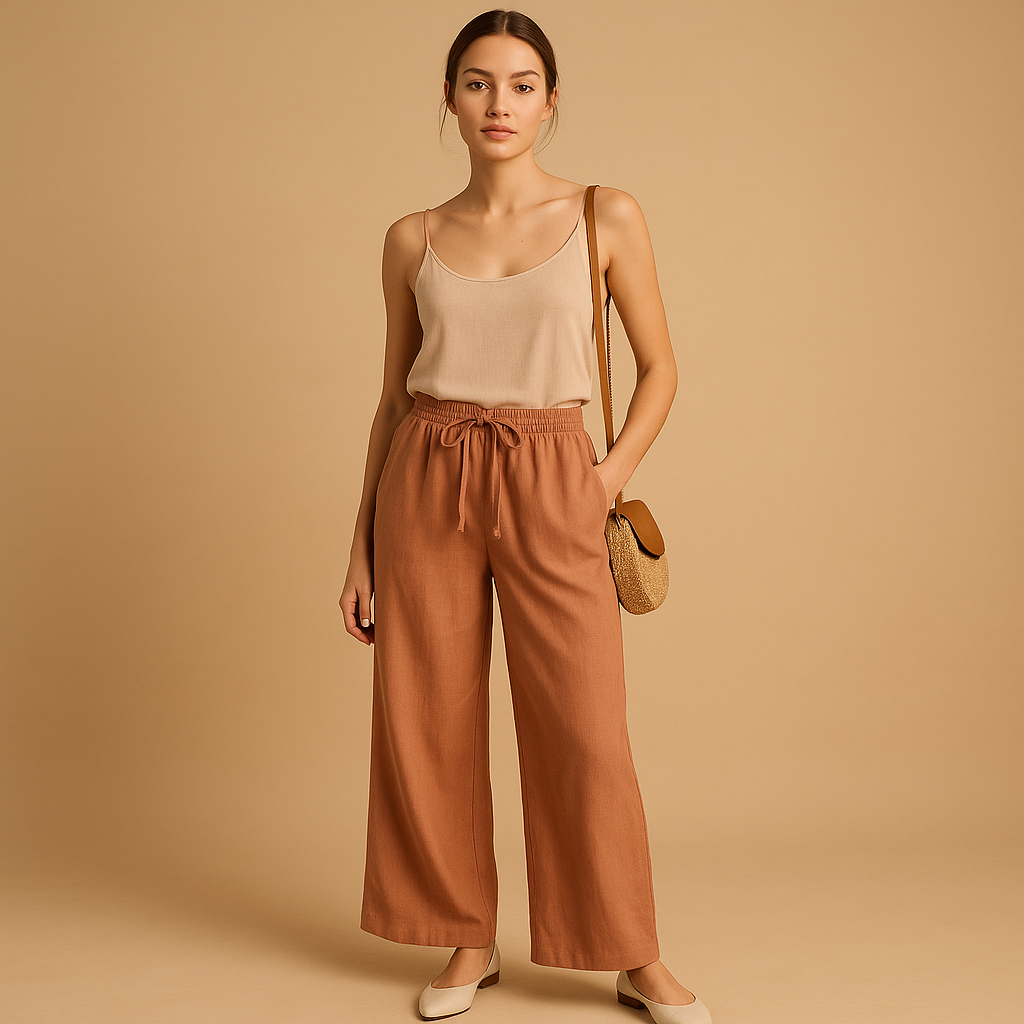 Lightweight summer trousers for women with a loose fit and elastic waist, available in multiple colours for casual and chic warm-weather outfits.