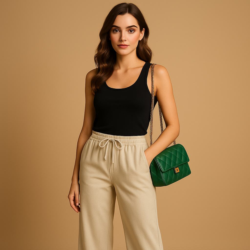 Lightweight summer trousers for women with a loose fit and elastic waist, available in multiple colours for casual and chic warm-weather outfits.