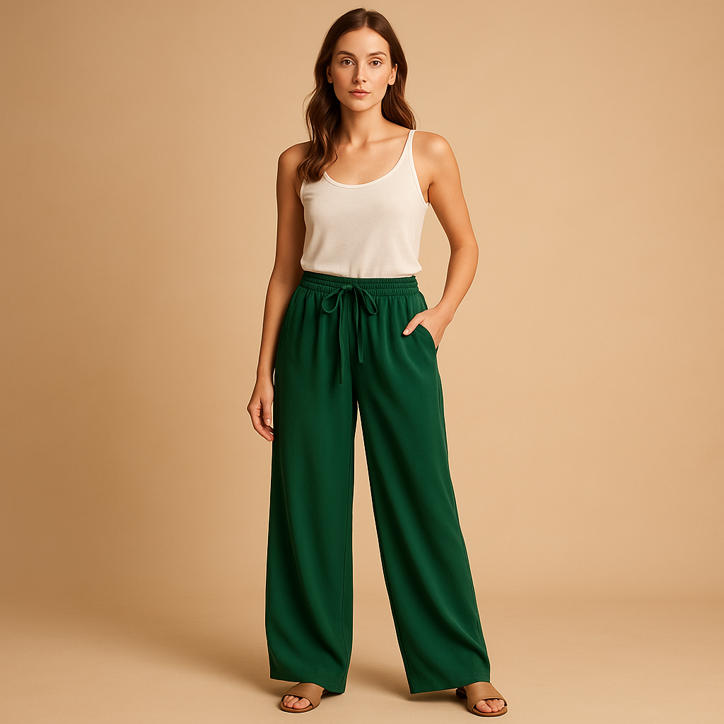 Lightweight summer trousers for women with a loose fit and elastic waist, available in multiple colours for casual and chic warm-weather outfits.