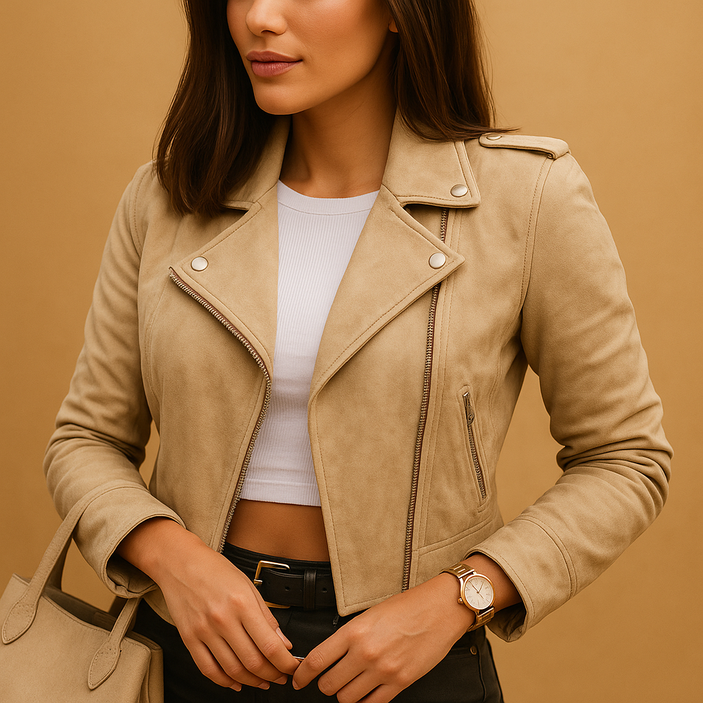 Women’s lightweight tailored jacket with zipper closure, stand-up collar, and pockets. Elegant, breathable, and versatile for daily wear or formal looks.