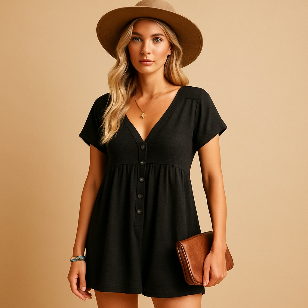 Lightweight black V-neck jumpsuit for women with a loose fit, perfect for summer days, beach vacations, and relaxed casual wear.