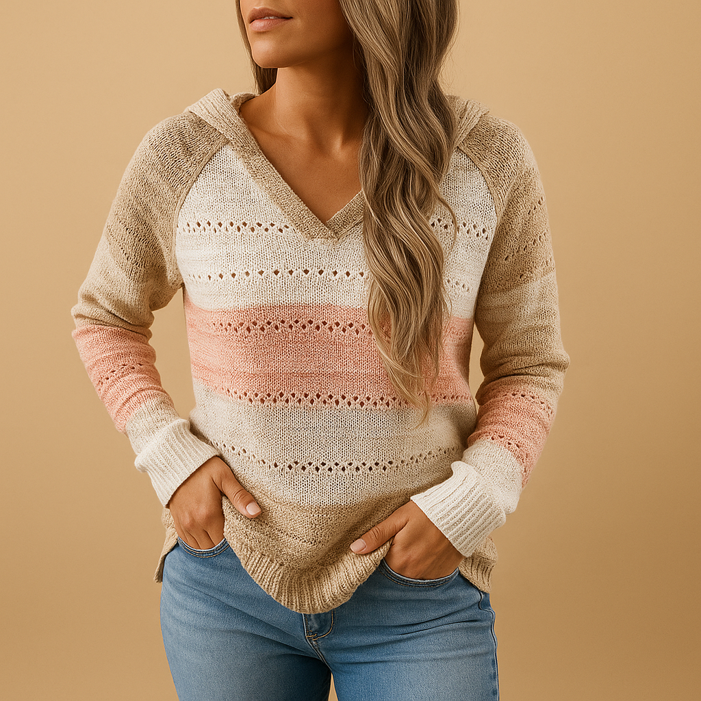 Women’s lightweight V-neck knitted sweater with breathable fabric and open-knit detail, relaxed fit, ideal for layering in spring, summer, or autumn.