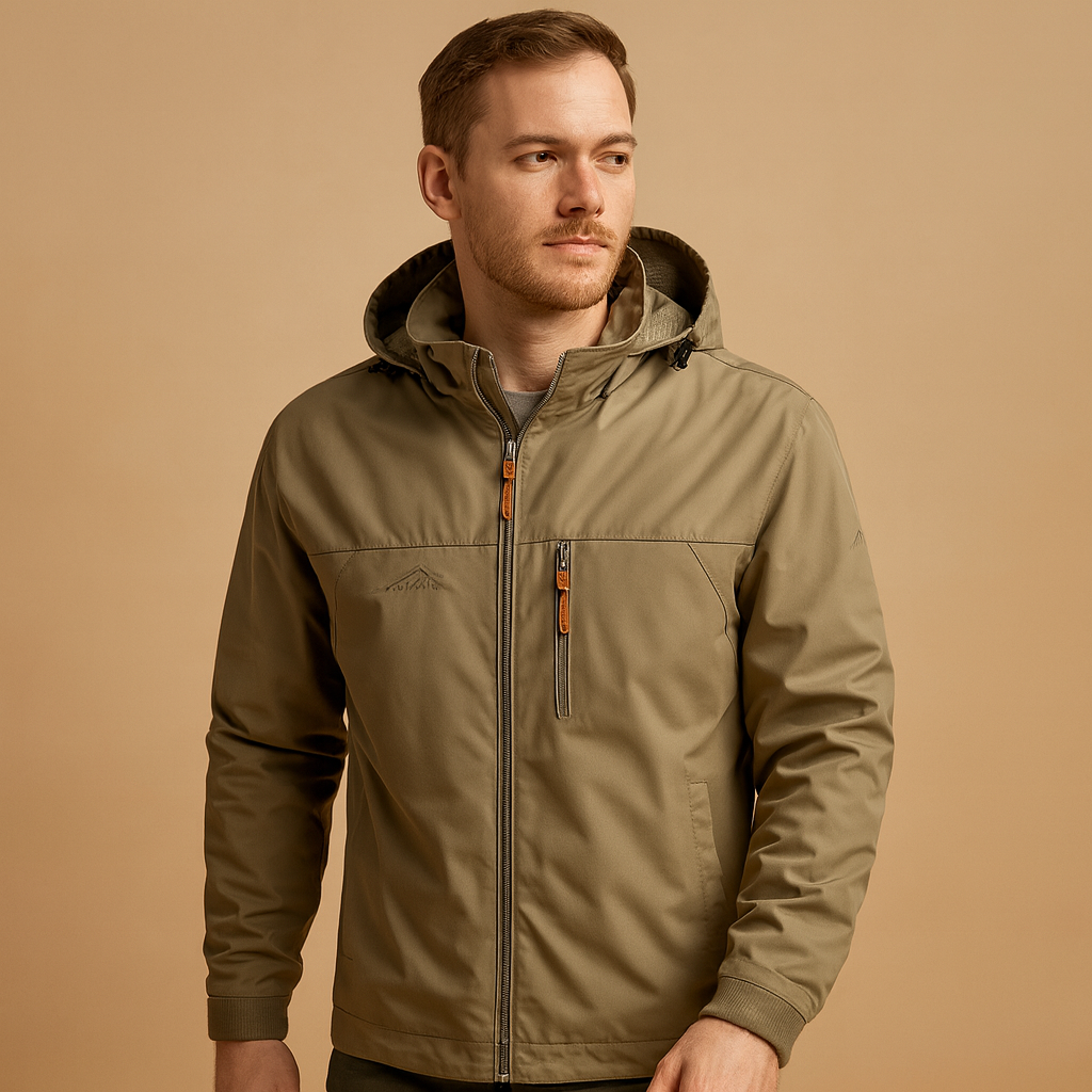 Men’s lightweight waterproof rain jacket with adjustable hood, breathable fabric, and modern design, perfect for outdoor and daily wear.