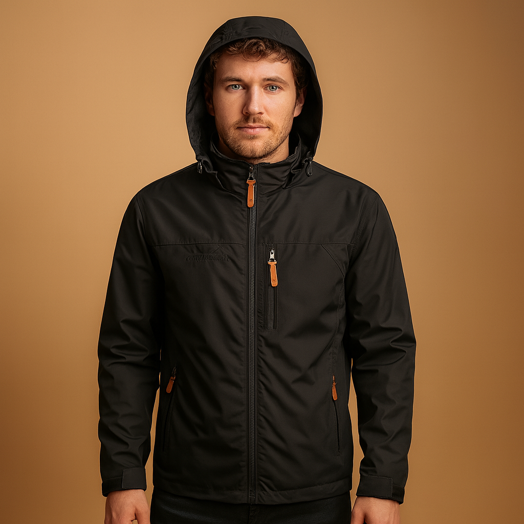 Men’s lightweight waterproof rain jacket with adjustable hood, breathable fabric, and modern design, perfect for outdoor and daily wear.