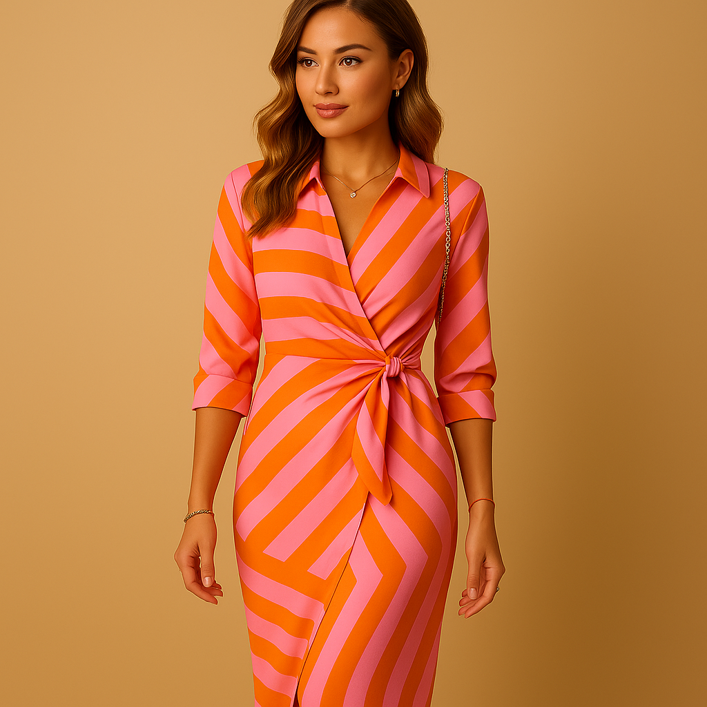 Lightweight wrap dress with collar for women named Hazel, featuring an adjustable tie closure and breathable rayon fabric, perfect for summer brunches or semi-formal events.