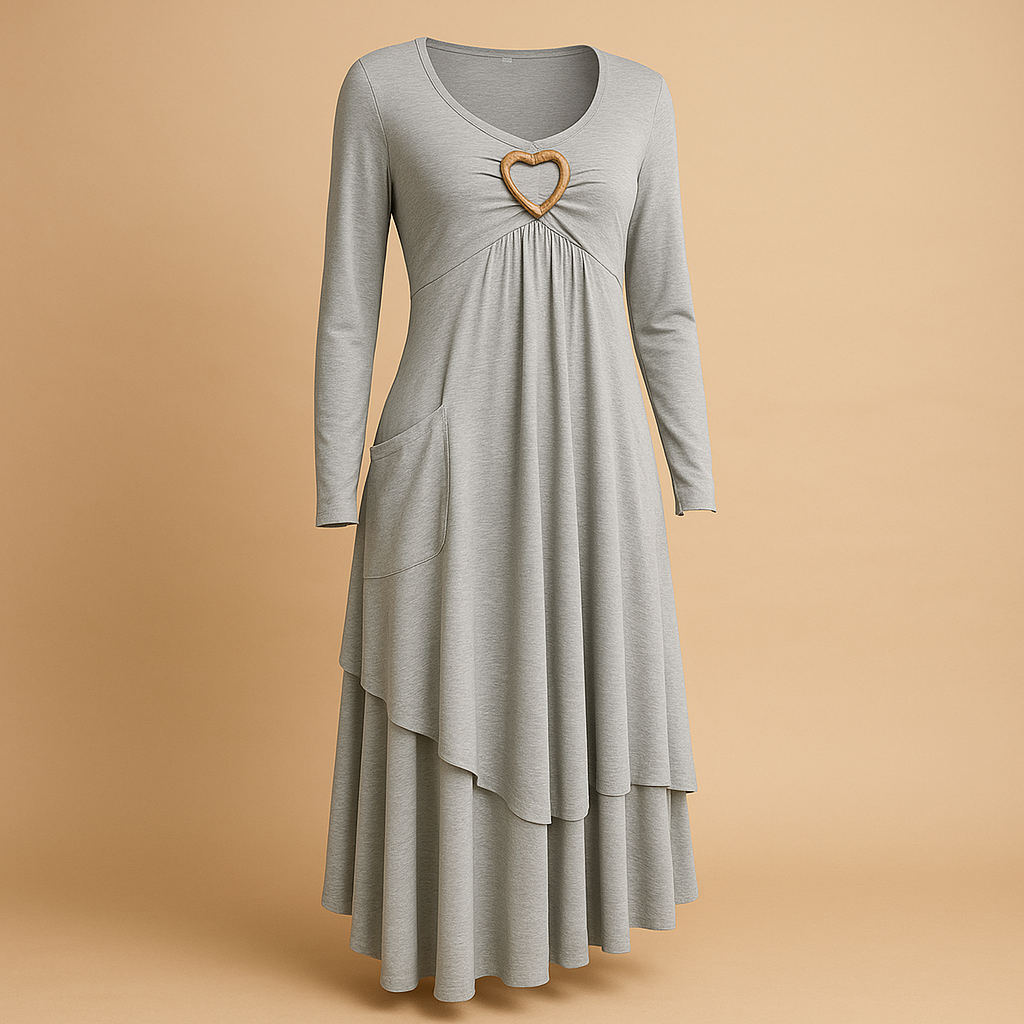 Women’s long A-line dress with O-neckline, long sleeves, pockets, and subtle ruffle details. Perfect for work, casual days, or formal occasions.