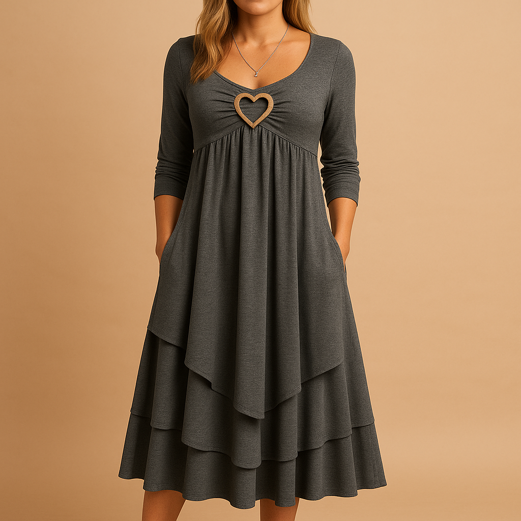 Women’s long A-line dress with O-neckline, long sleeves, pockets, and subtle ruffle details. Perfect for work, casual days, or formal occasions.