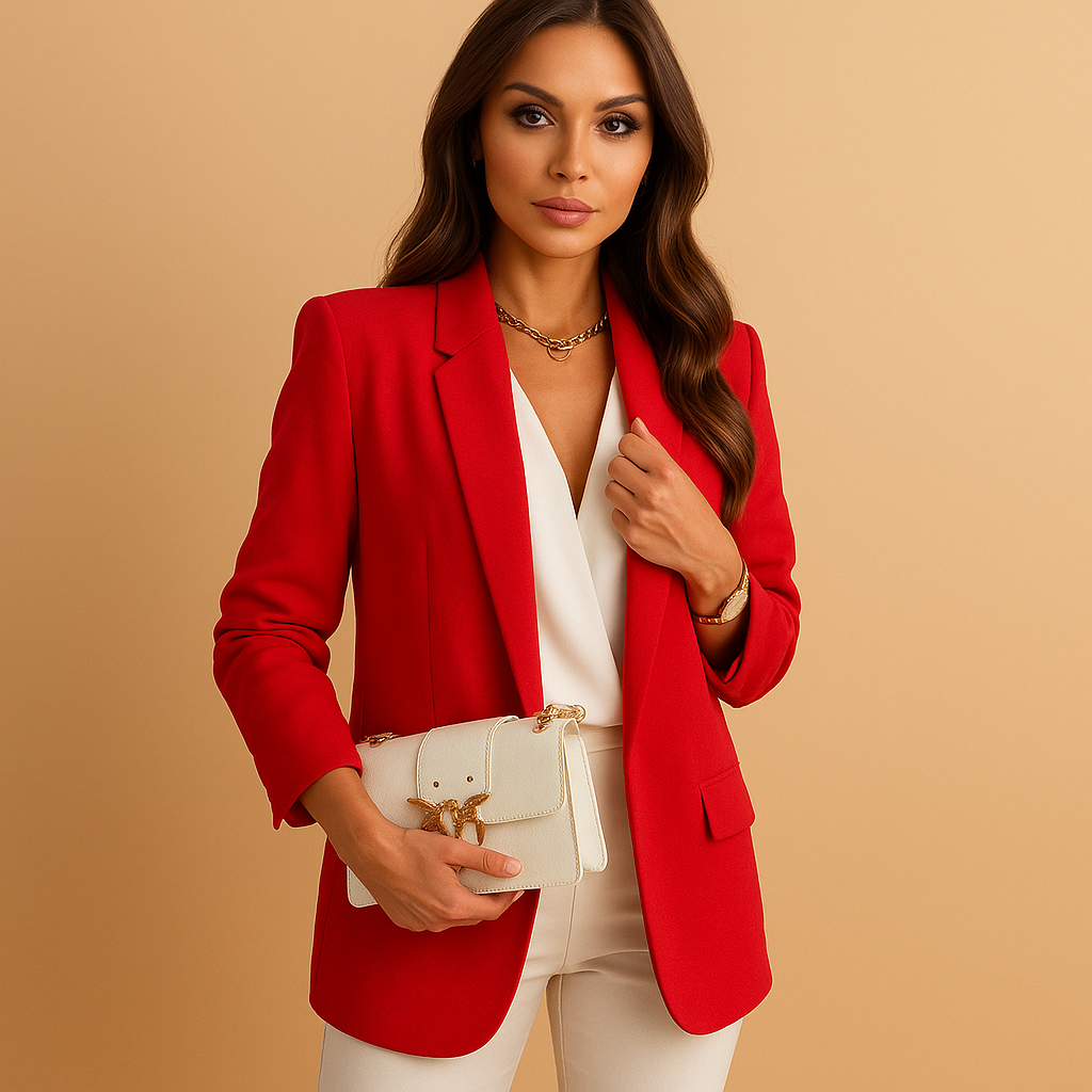 Women’s long blazer with a structured fit and classic lapels, available in multiple timeless colours for office or formal outfits.