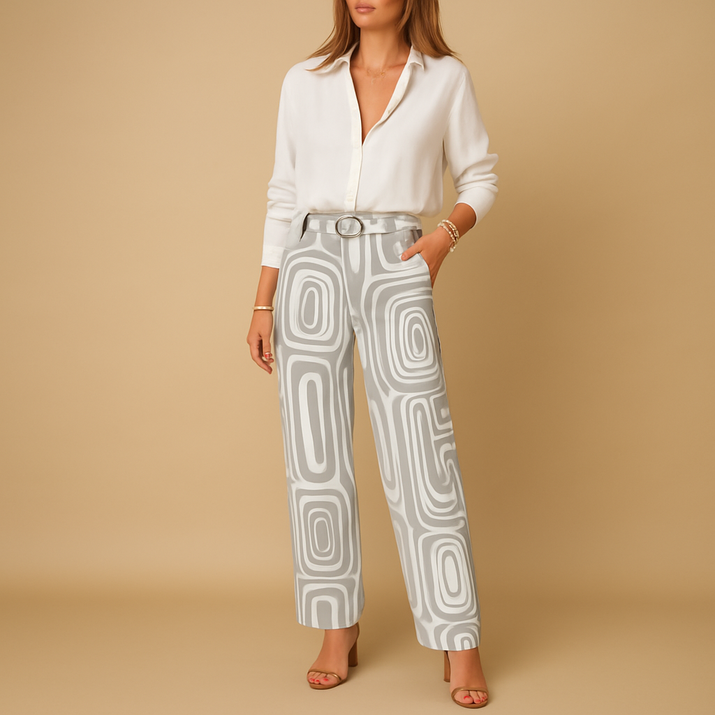 Women’s long-sleeve blouse and pants set with straight-leg fit, ideal for work, leisure, or stylish evenings out.