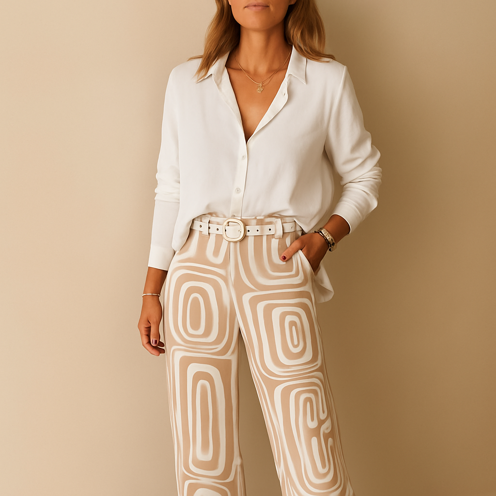 Women’s long-sleeve blouse and pants set with straight-leg fit, ideal for work, leisure, or stylish evenings out.