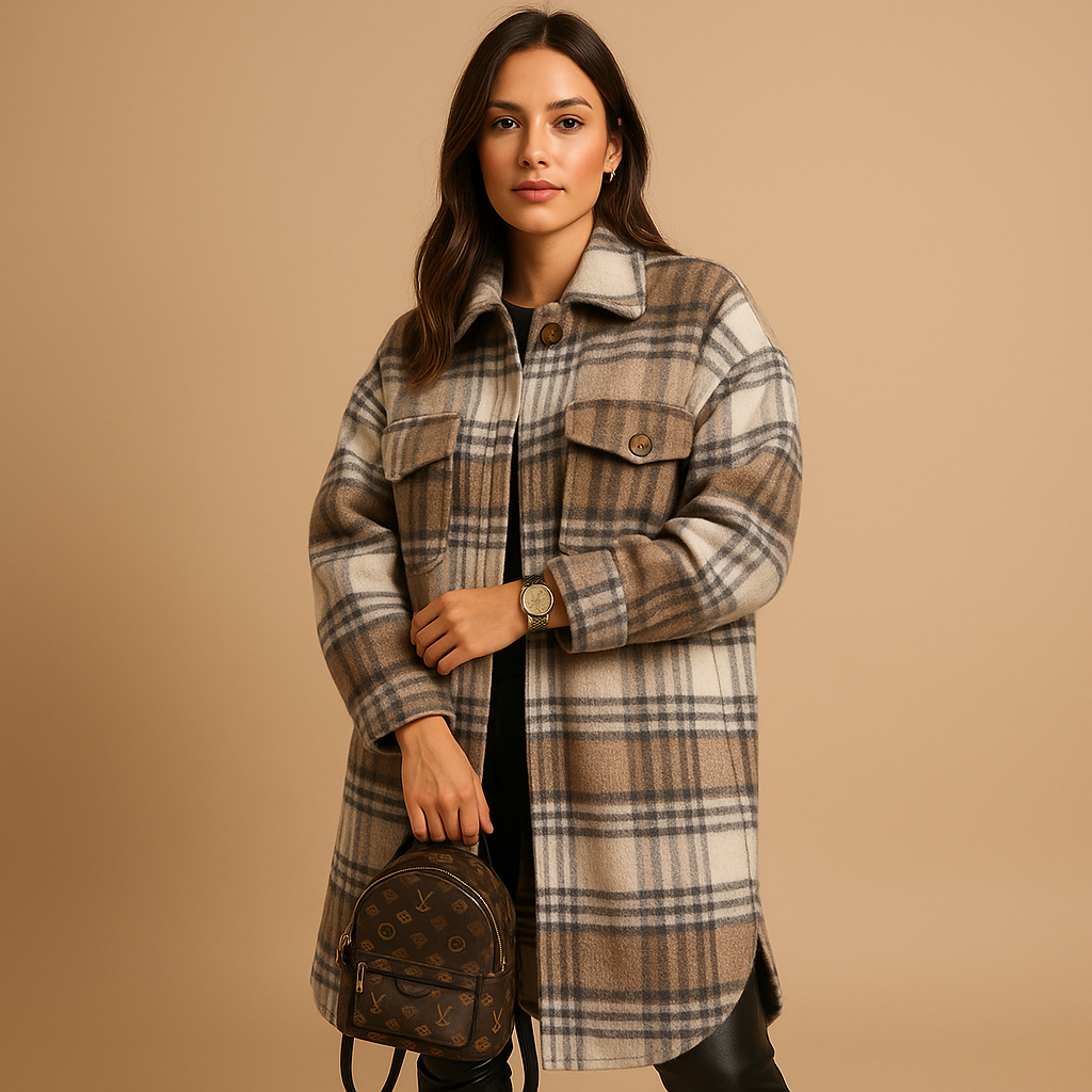 Long checked coat for women with tailored fit, soft warm fabric, and subtle check pattern for elegant everyday or formal outfits.