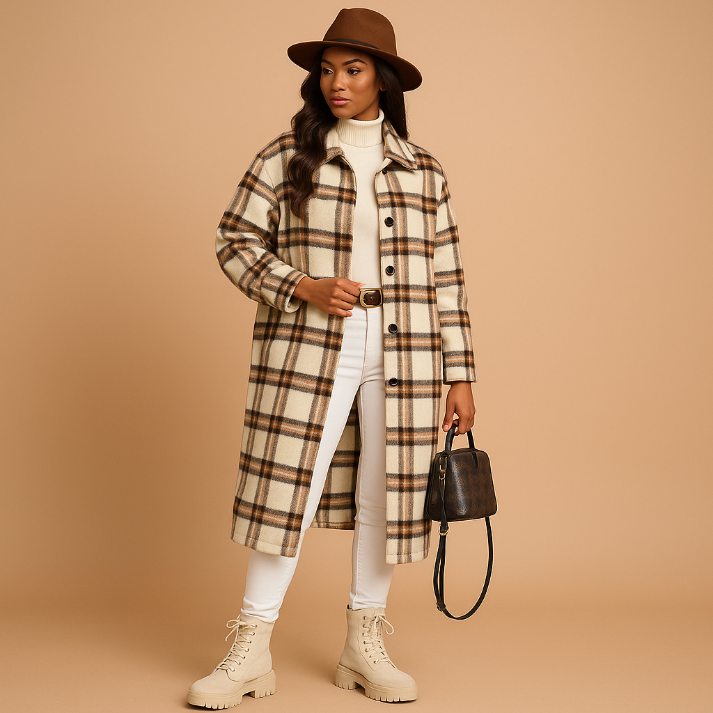 Long checked coat for women with tailored fit, soft warm fabric, and subtle check pattern for elegant everyday or formal outfits.