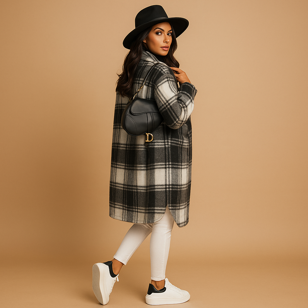 Long checked coat for women with tailored fit, soft warm fabric, and subtle check pattern for elegant everyday or formal outfits.