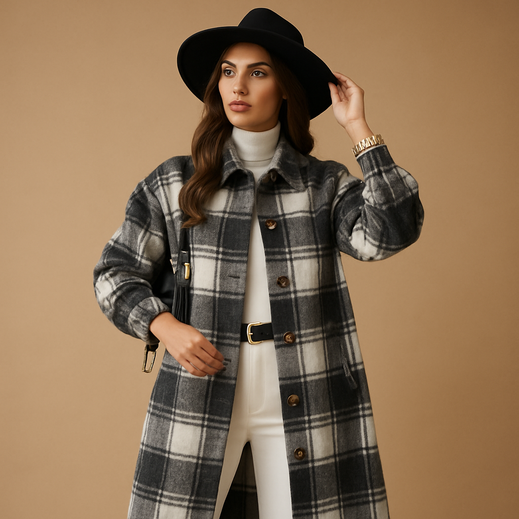 Long checked coat for women with tailored fit, soft warm fabric, and subtle check pattern for elegant everyday or formal outfits.