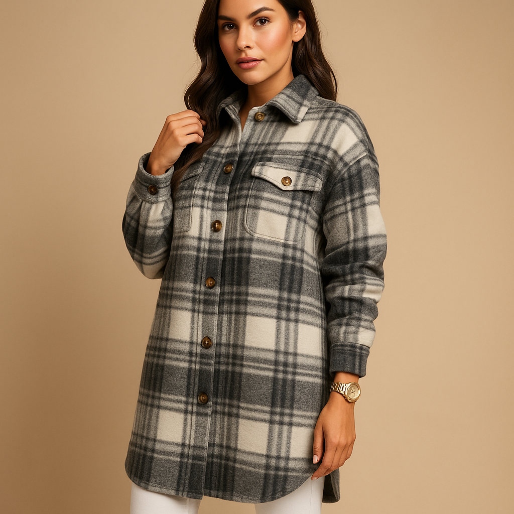 Long checked coat for women with tailored fit, soft warm fabric, and subtle check pattern for elegant everyday or formal outfits.